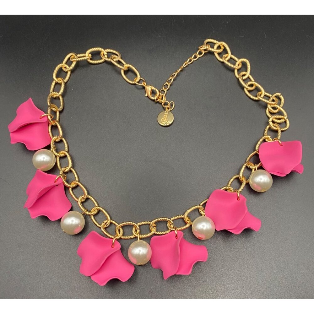 Coiris Statement Necklace Hot Pink Petal Faux Pearl Gold Tone Collar 18-21"